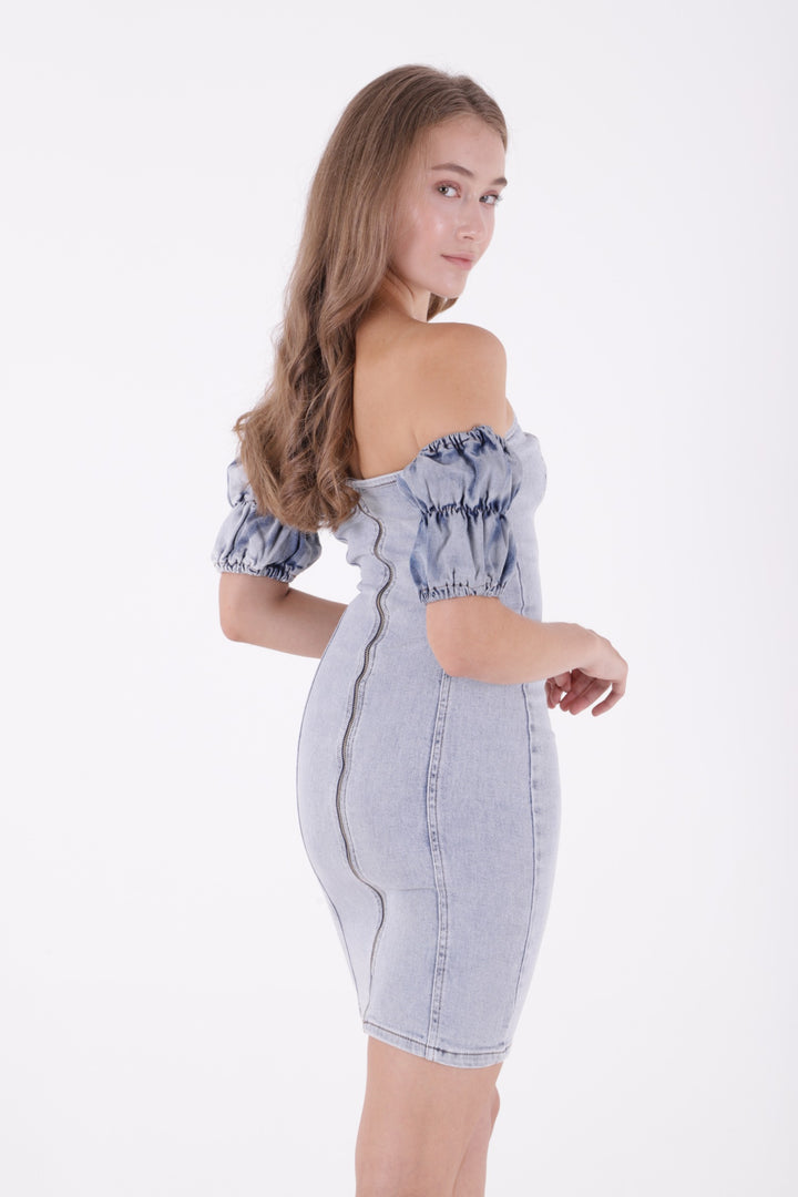 XLJ Short Strapless Denim Dress with Elastic Sleeves - El Centro
