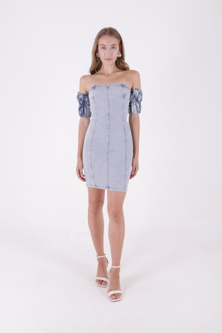 XLJ Short Strapless Denim Dress with Elastic Sleeves - El Centro