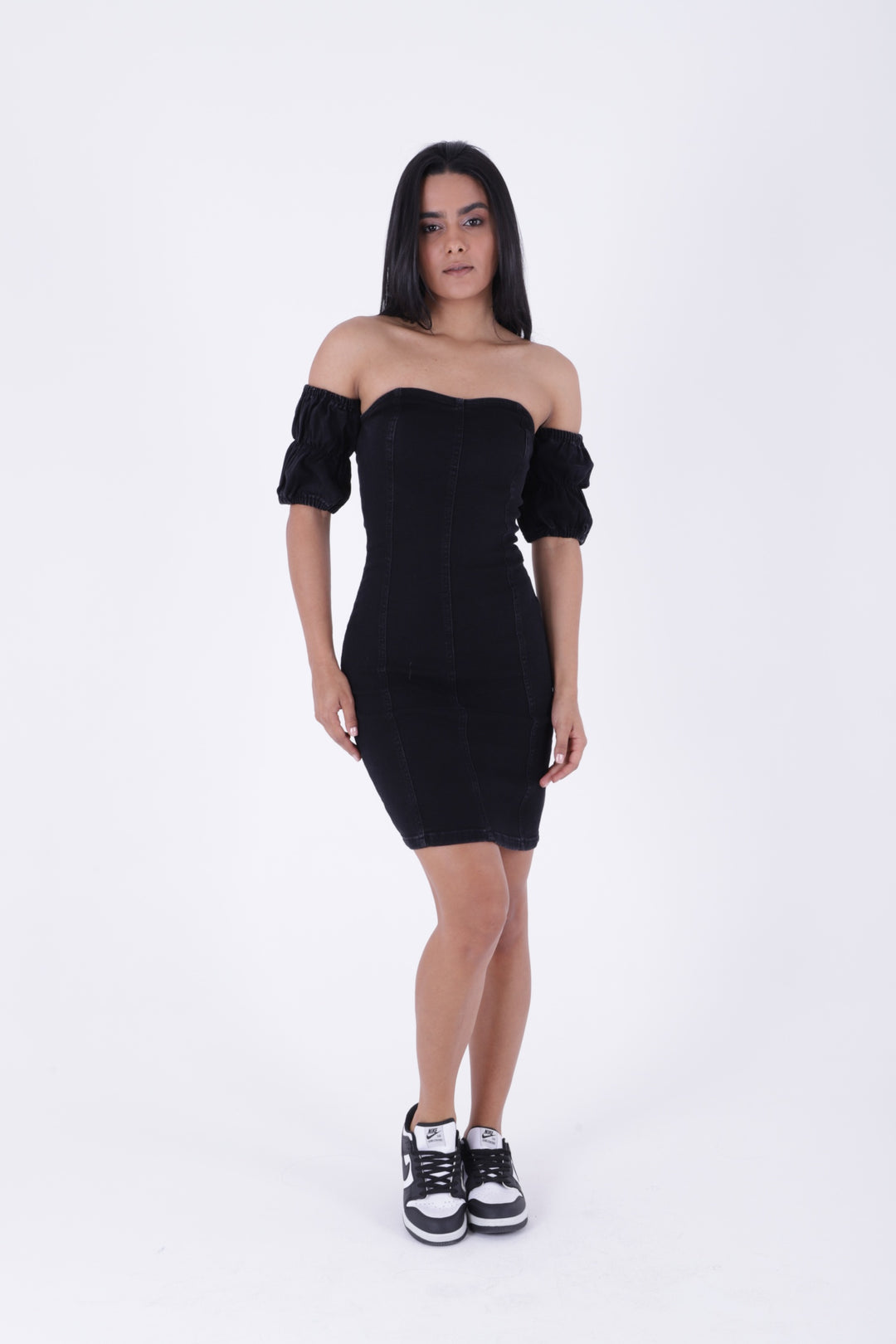 XLJ Short Strapless Denim Dress with Elastic Sleeves - Woodbridge