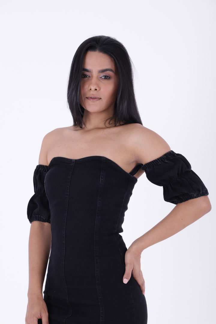 XLJ Short Strapless Denim Dress with Elastic Sleeves - Woodbridge