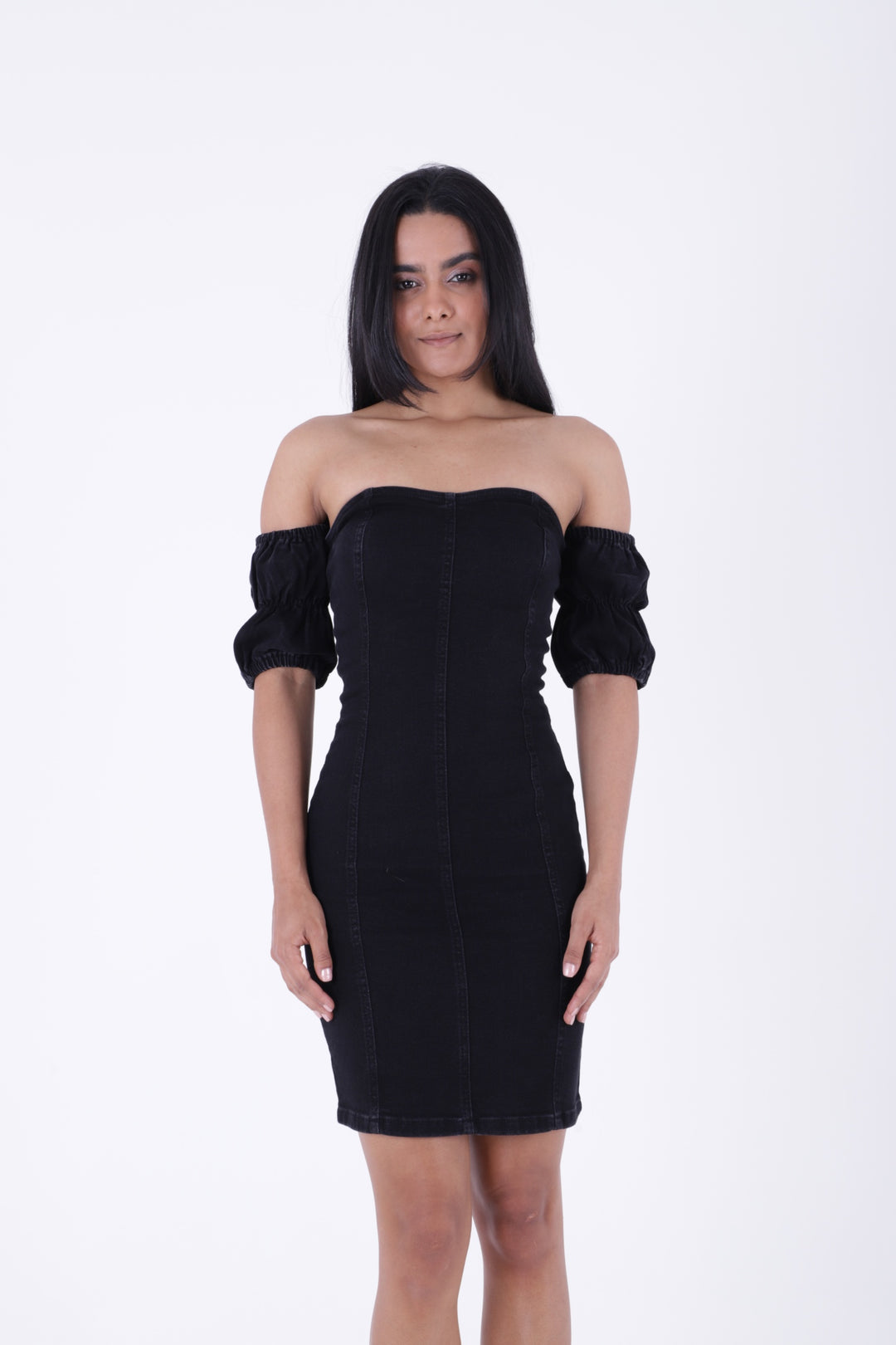 XLJ Short Strapless Denim Dress with Elastic Sleeves - Woodbridge