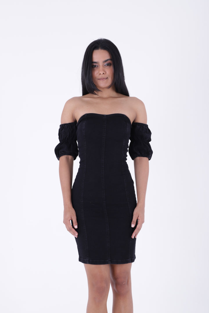 XLJ Short Strapless Denim Dress with Elastic Sleeves - Woodbridge