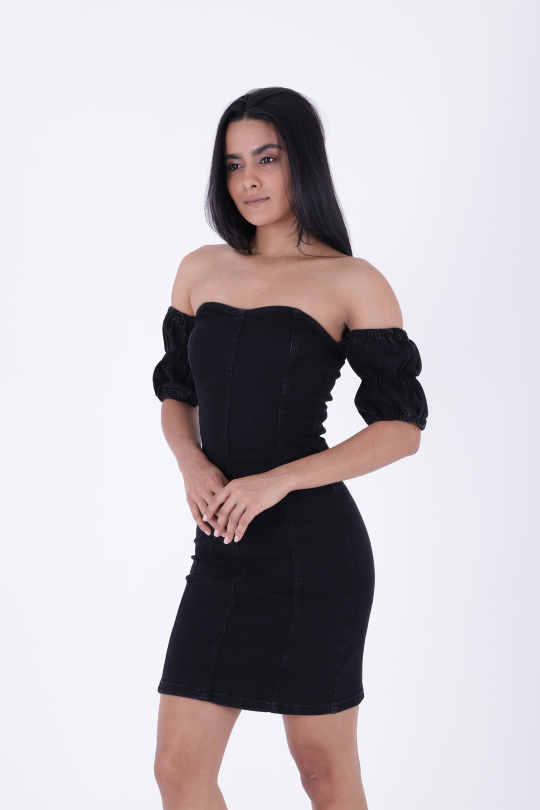 XLJ Short Strapless Denim Dress with Elastic Sleeves - Woodbridge