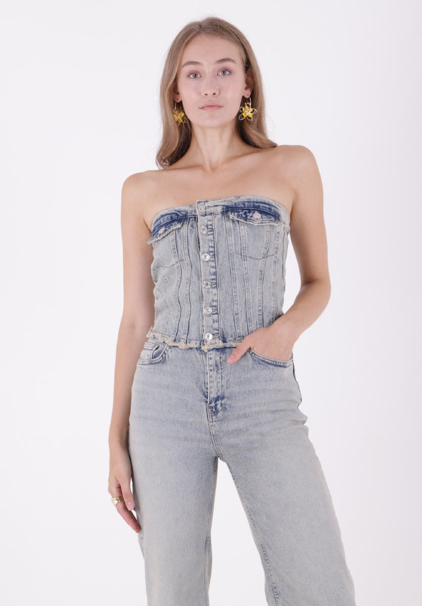 XLJ Strapless Denim Jumpsuit with Front Buttons Mixed - Licata