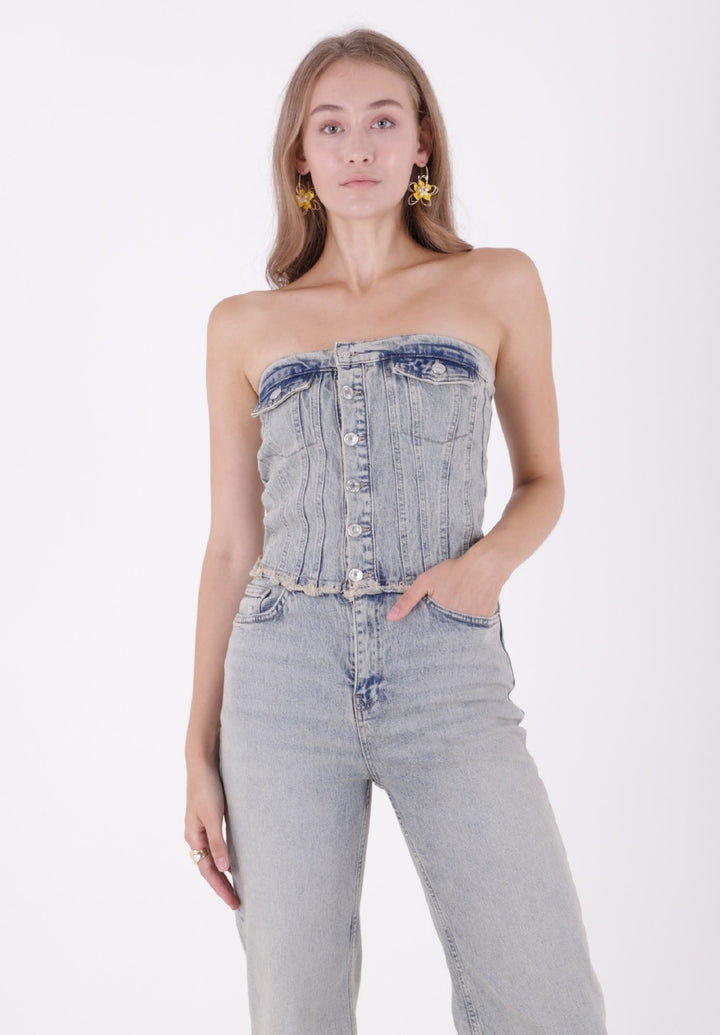 XLJ Strapless Denim Jumpsuit with Front Buttons Mixed - Licata