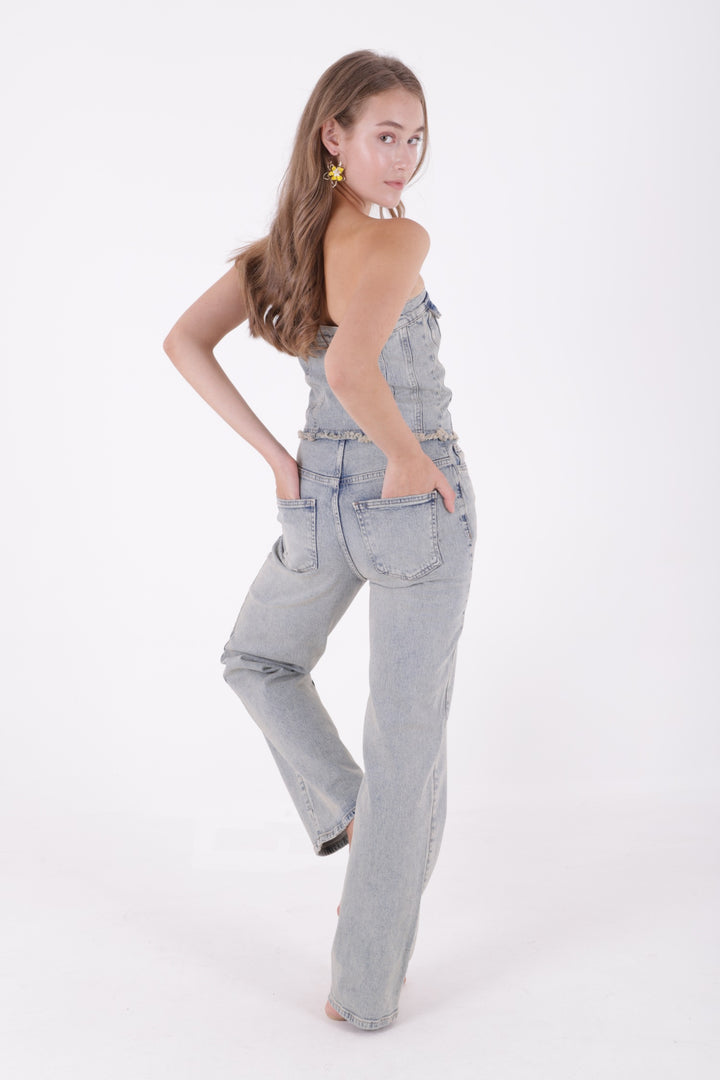 XLJ Strapless Denim Jumpsuit with Front Buttons Mixed - Licata