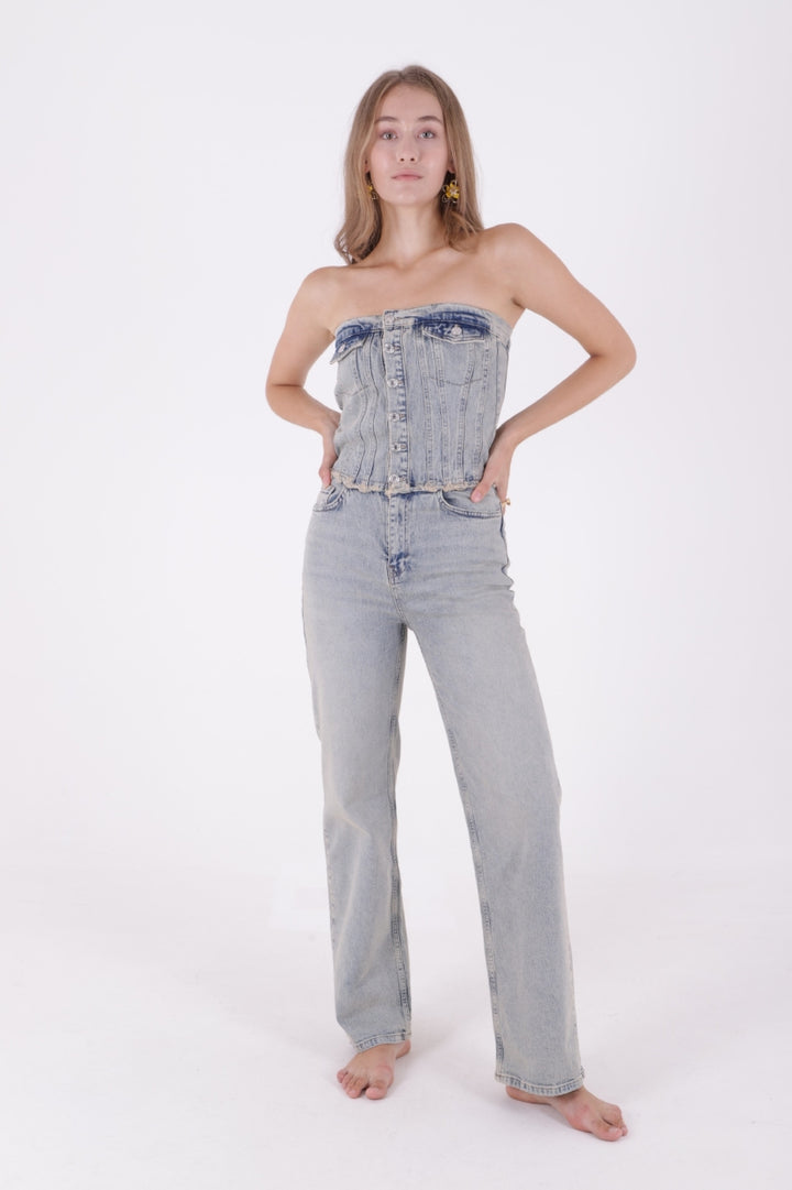 XLJ Strapless Denim Jumpsuit with Front Buttons Mixed - Licata