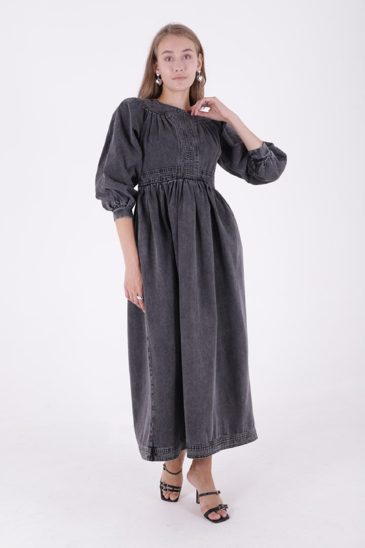 XLJ Long Denim Dress with Pleated Shoulders - Stendal