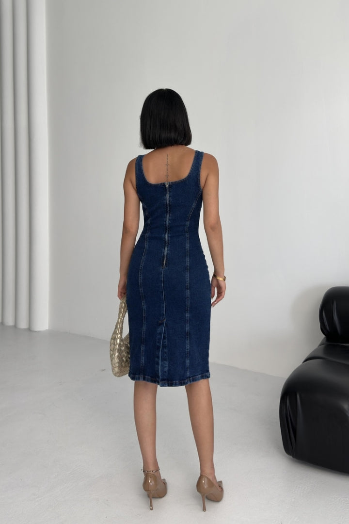 XLJ Midi Denim Dress with Straps and Zipper - Campbell