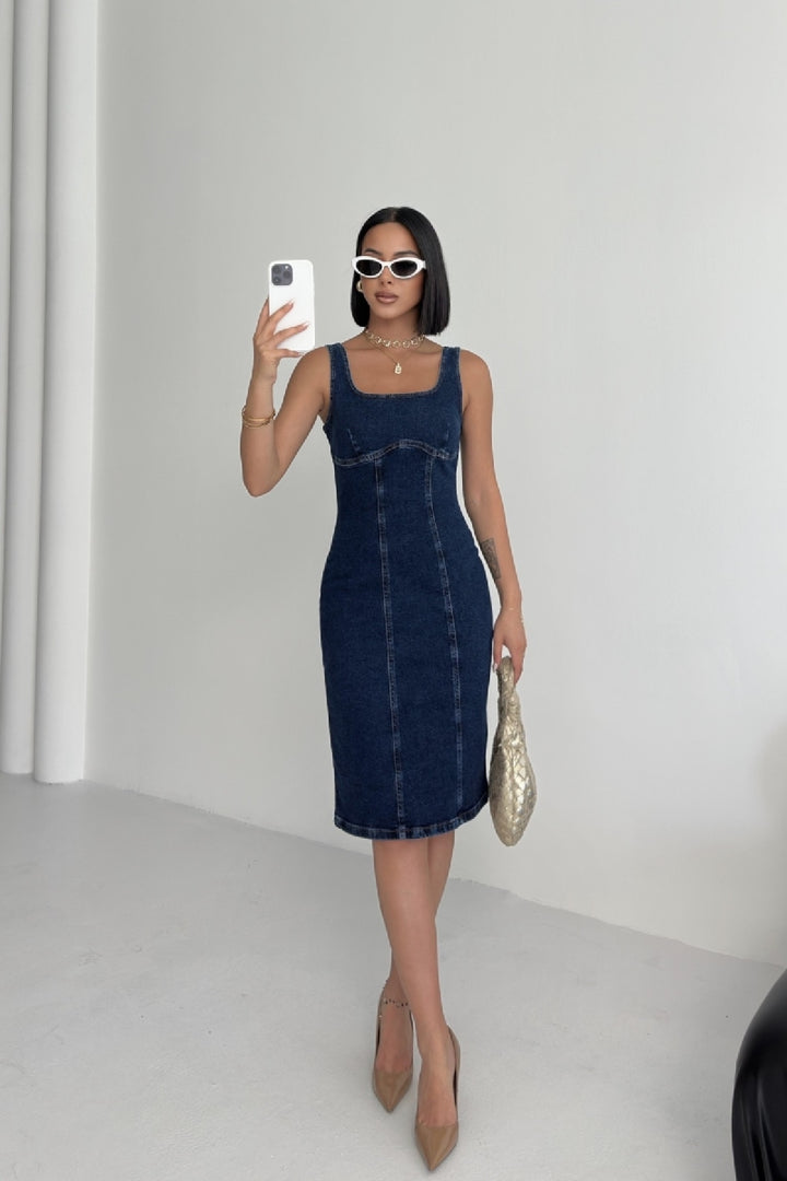XLJ Midi Denim Dress with Straps and Zipper - Campbell