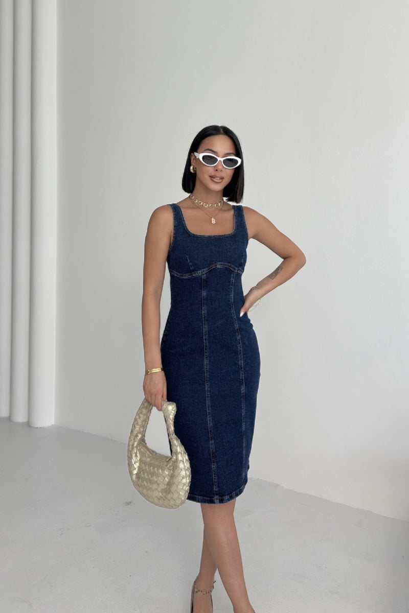 XLJ Midi Denim Dress with Straps and Zipper - Campbell