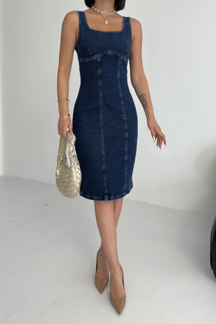 XLJ Midi Denim Dress with Straps and Zipper - Campbell