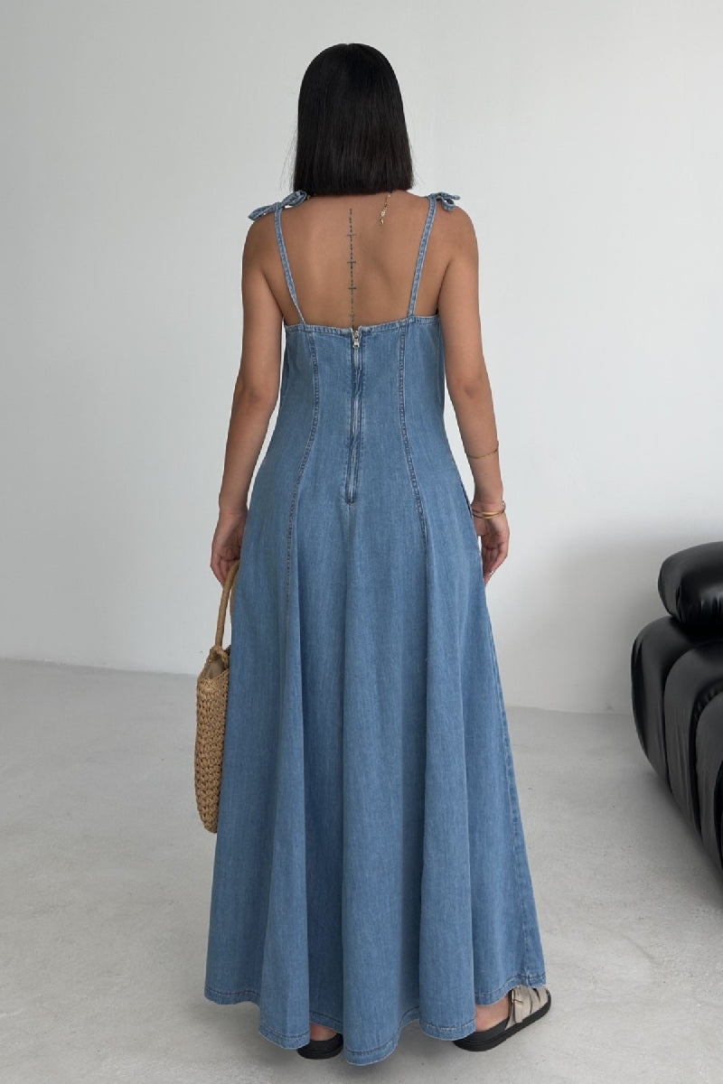 XLJ Lace-Up Denim Dress with Ruffles - Korschenbroich