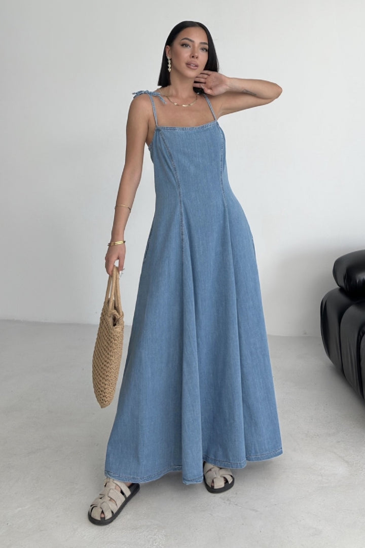 XLJ Lace-Up Denim Dress with Ruffles - Korschenbroich