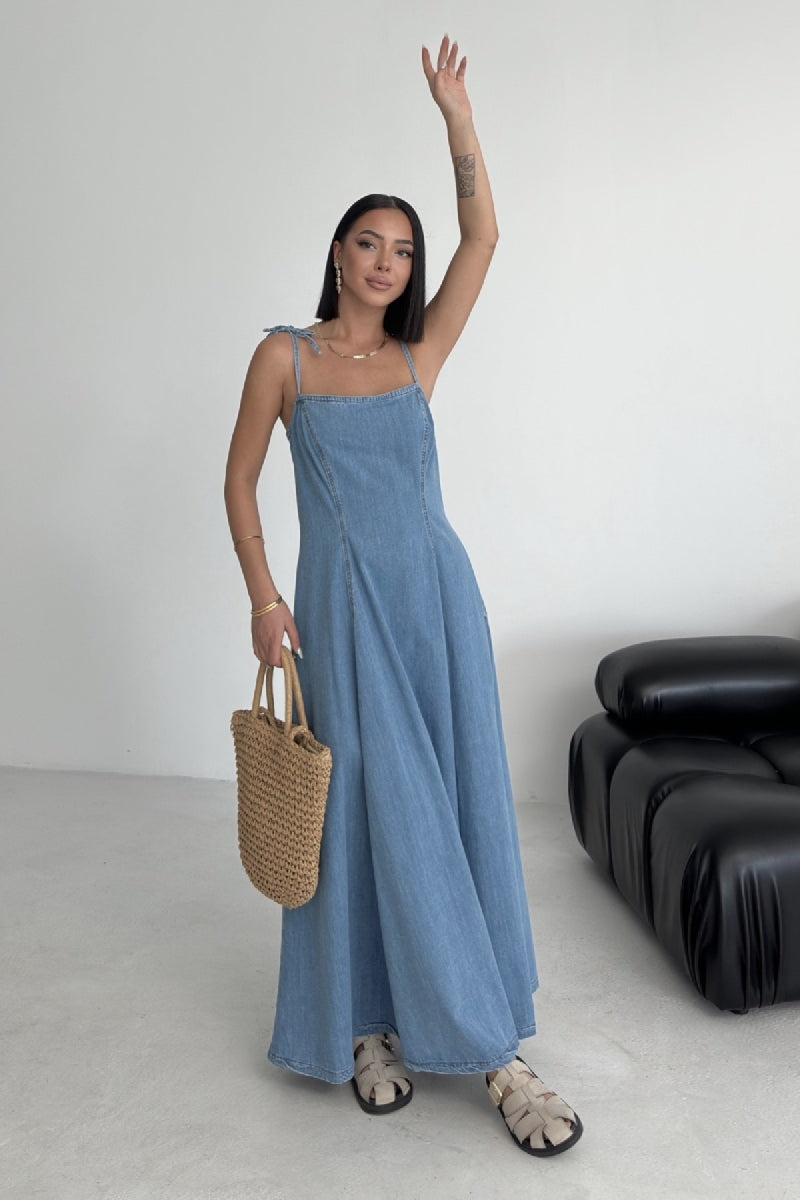 XLJ Lace-Up Denim Dress with Ruffles - Korschenbroich
