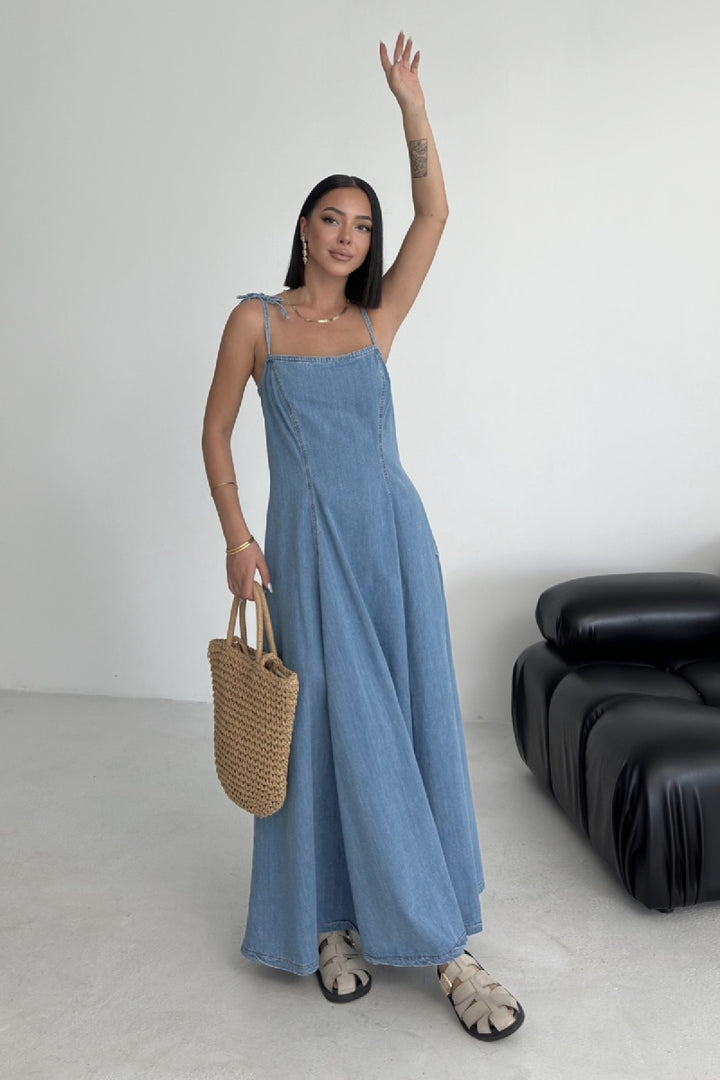 XLJ Lace-Up Denim Dress with Ruffles - Korschenbroich