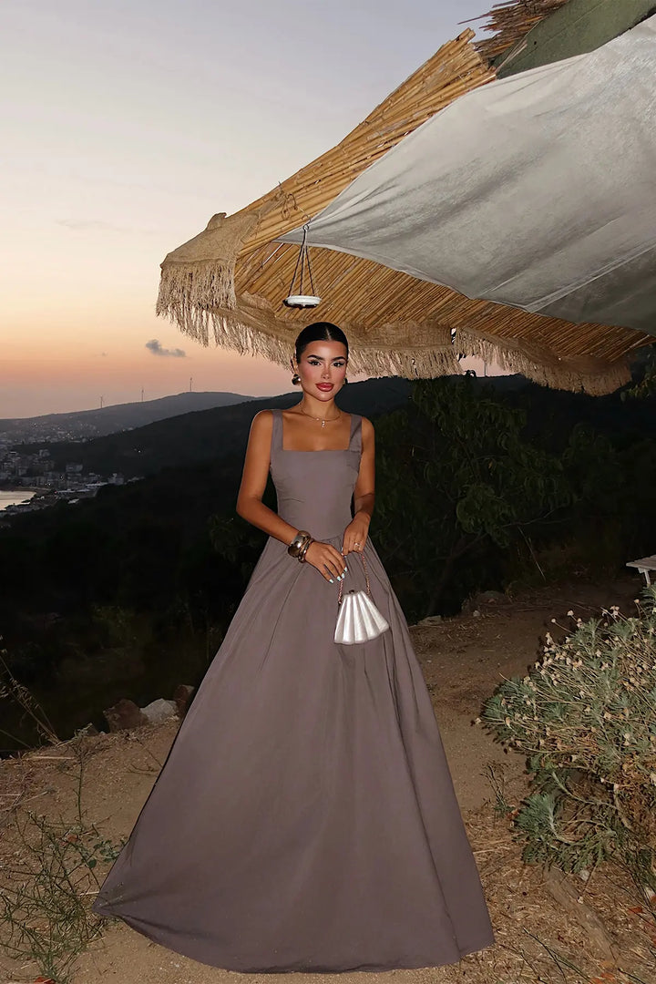 EYY Women Gray Square Neck Strappy Long Dress - Los Reyes de Salgado