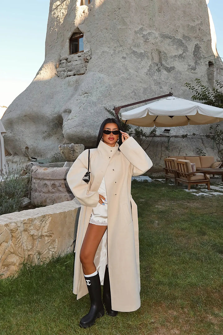 EYY Women Cream Coat with Button Detail - Fountainebleau