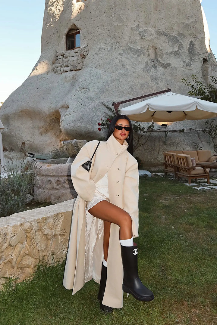 EYY Women Cream Coat with Button Detail - Fountainebleau