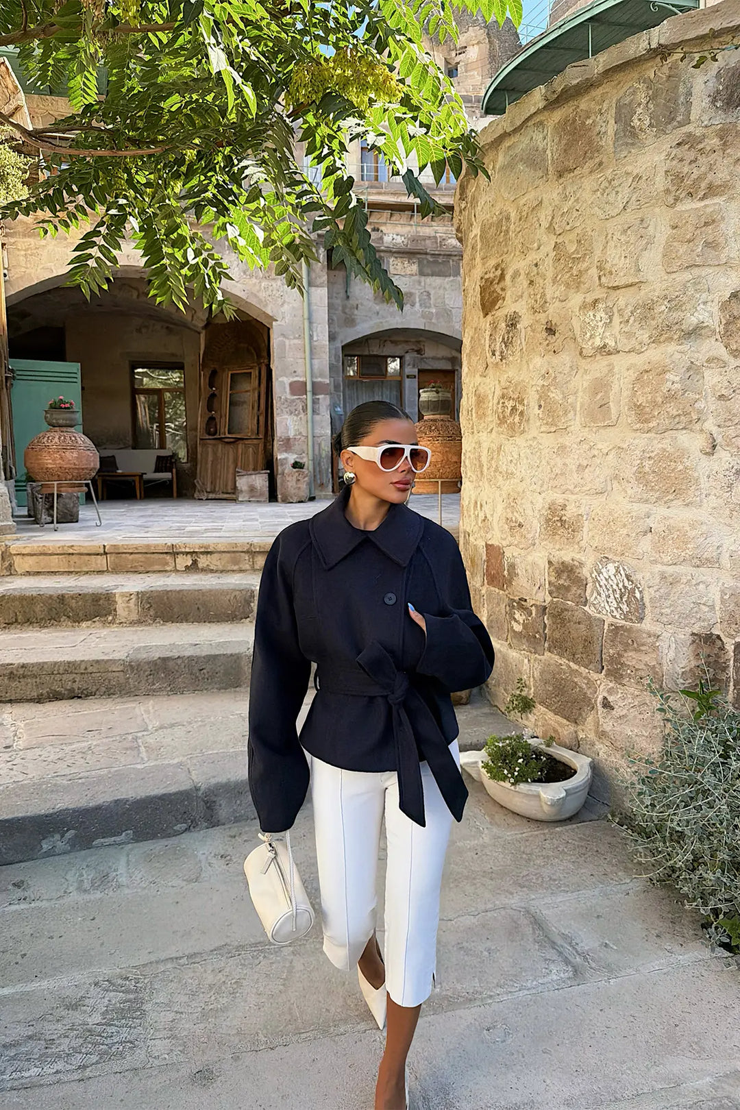 EYY Women Navy Blue Belted Jacket - Alexandria