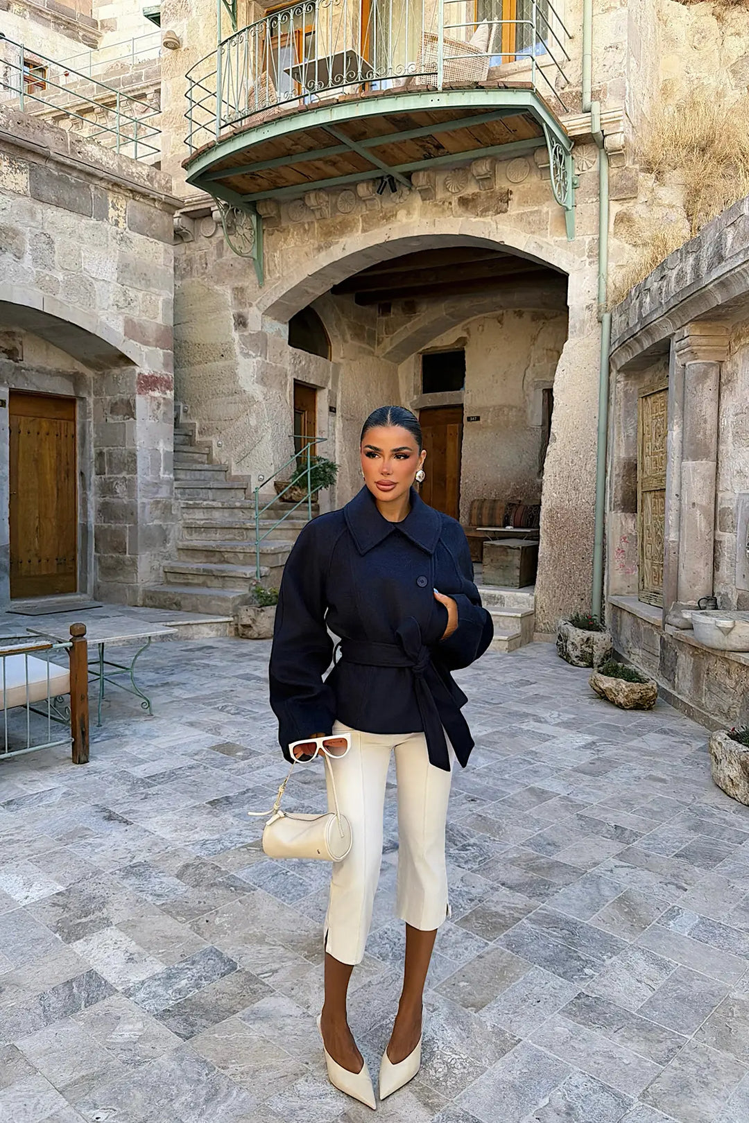 EYY Women Navy Blue Belted Jacket - Alexandria