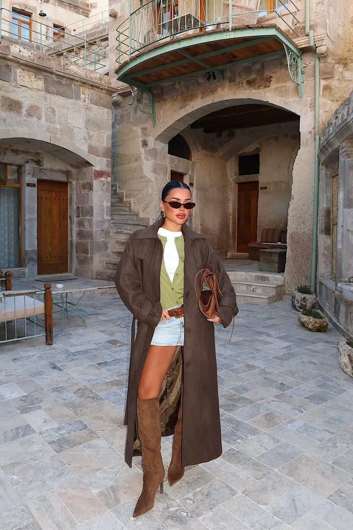 EYY Women Khaki Long Trench Coat with Pocket Details - Mairena del Aljarafe