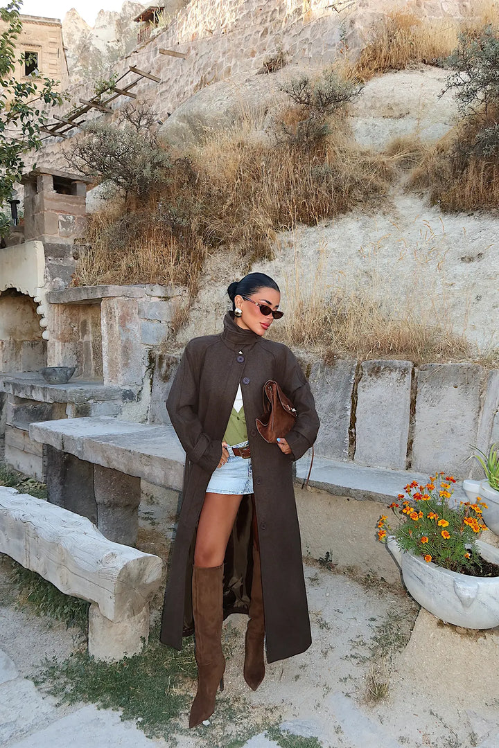 EYY Women Khaki Long Trench Coat with Pocket Details - Mairena del Aljarafe