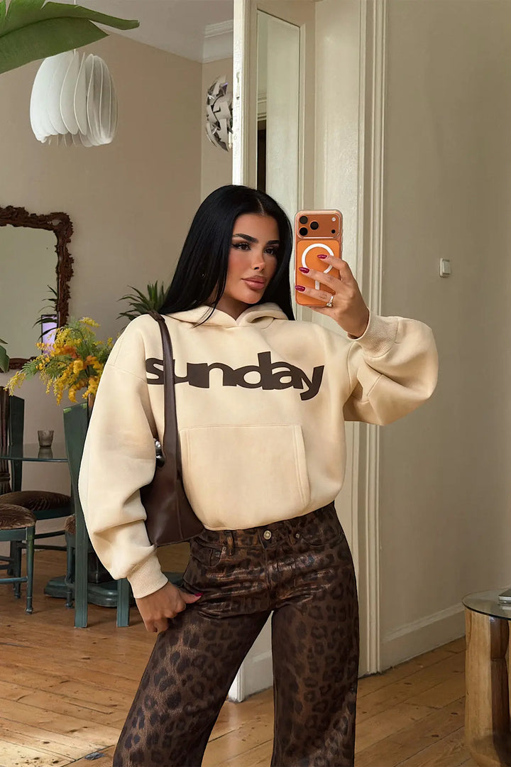 EYY Women Beige  Sunday  Print Hoodie - Nicastro