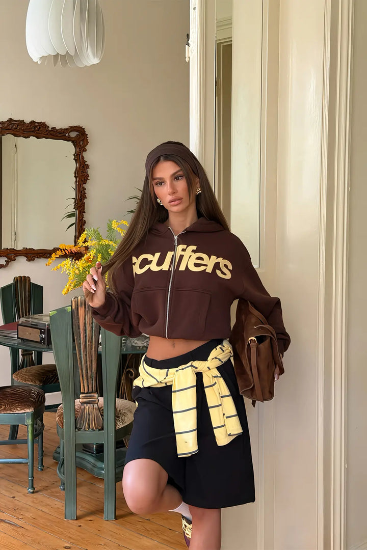 EYY Women Brown Hooded Cardigan with  Scuffers  Print - Chilapa de Álvarez