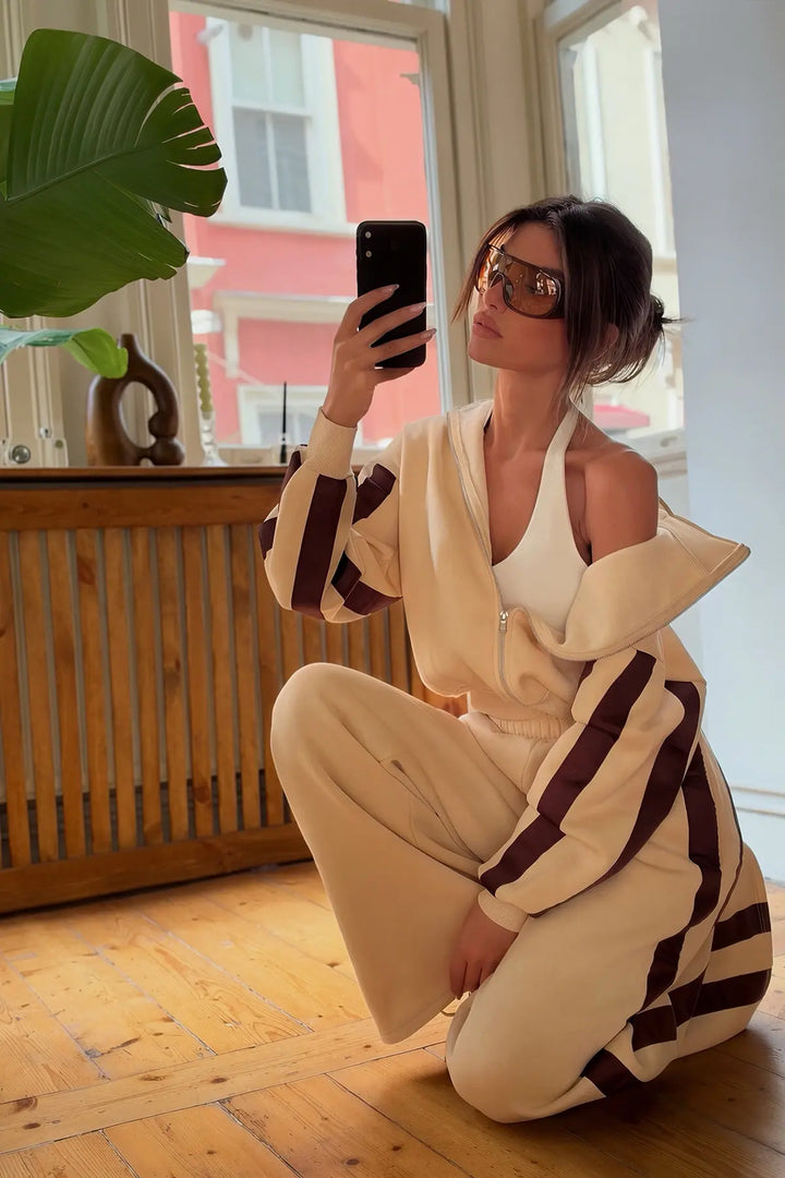 EYY Women Beige Striped Detail Zippered Tracksuit Set - Eden Prairie