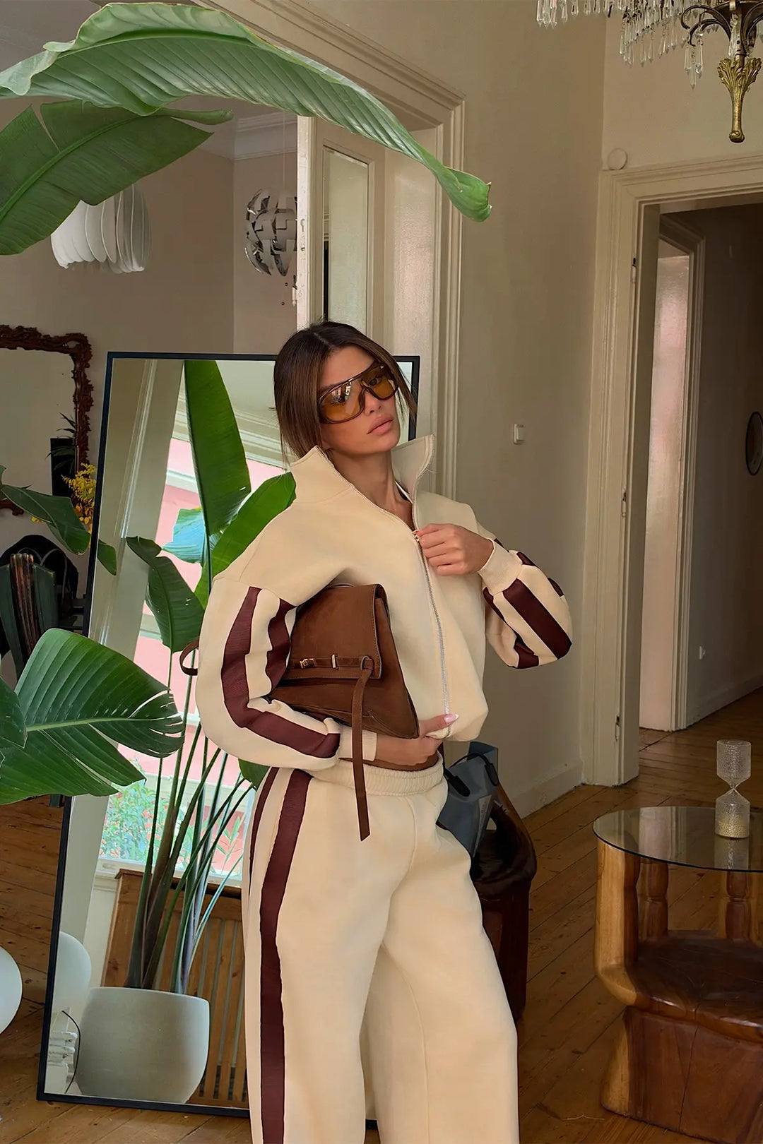 EYY Women Beige Striped Detail Zippered Tracksuit Set - Eden Prairie