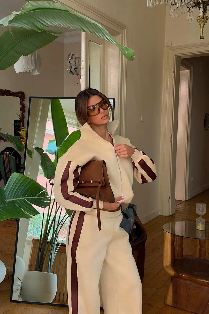 EYY Women Beige Striped Detail Zippered Tracksuit Set - Eden Prairie