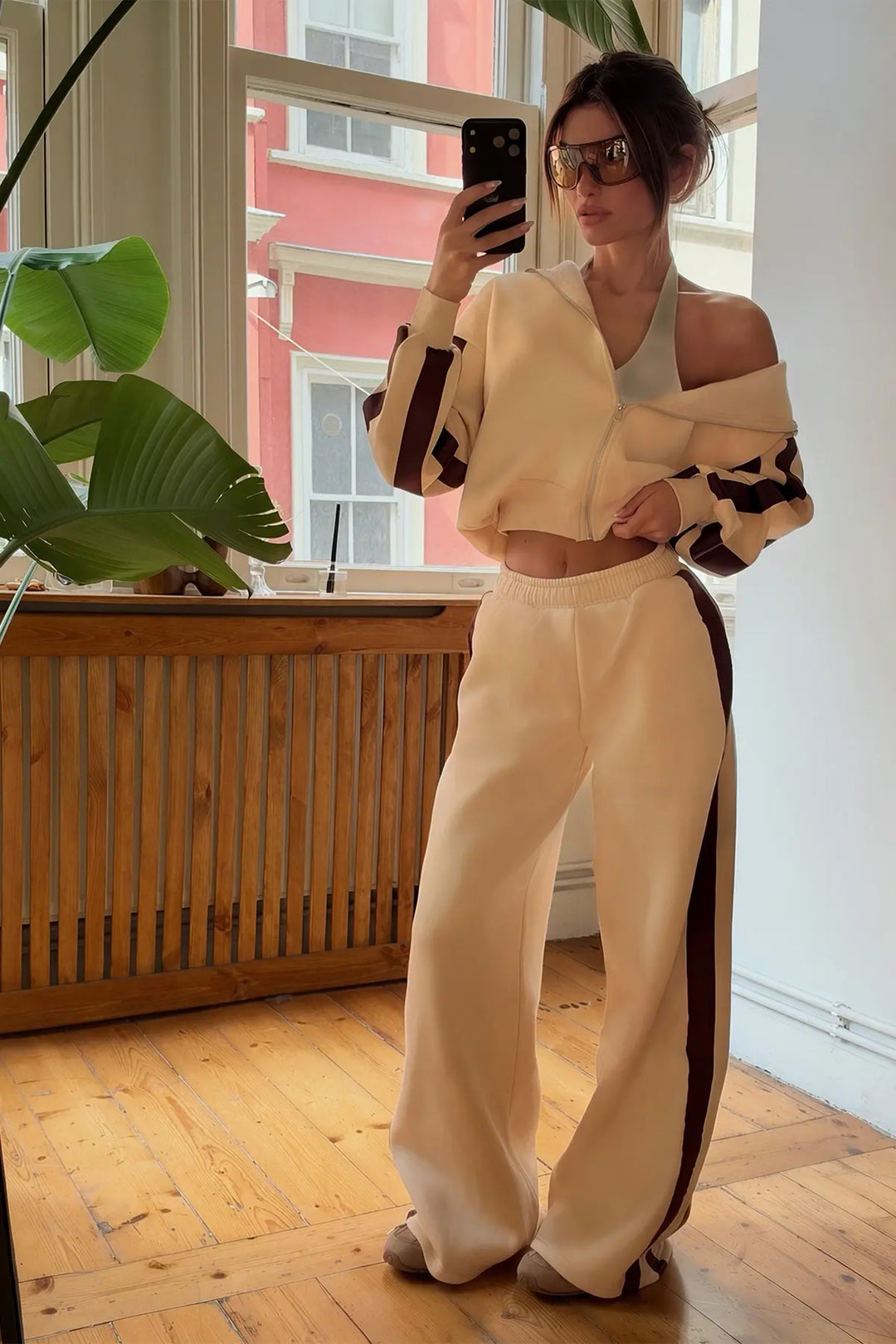 EYY Women Beige Striped Detail Zippered Tracksuit Set - Eden Prairie