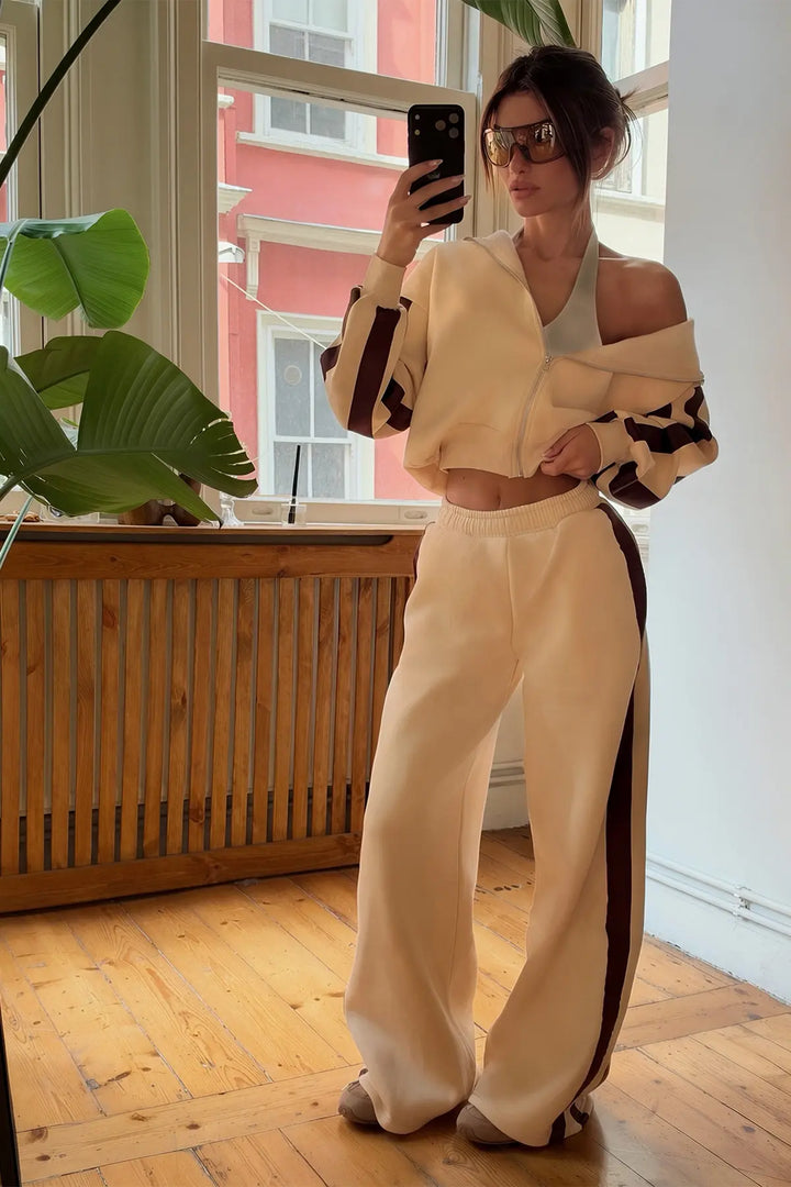 EYY Women Beige Striped Detail Zippered Tracksuit Set - Eden Prairie