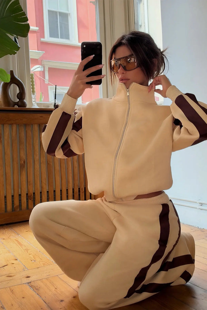 EYY Women Beige Striped Detail Zippered Tracksuit Set - Eden Prairie