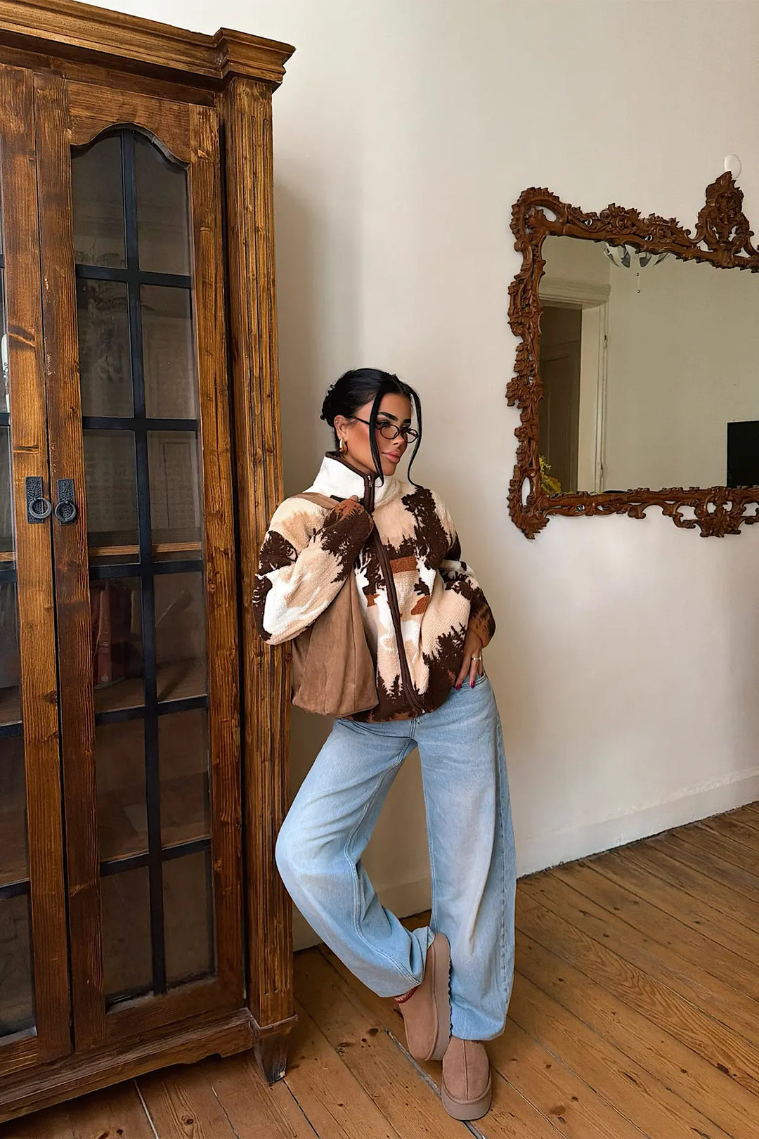 EYY Women Brown Batik-Patterned Plush Jacket - Kiel