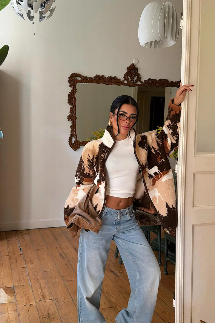 EYY Women Brown Batik-Patterned Plush Jacket - Bietigheim-Bissingen
