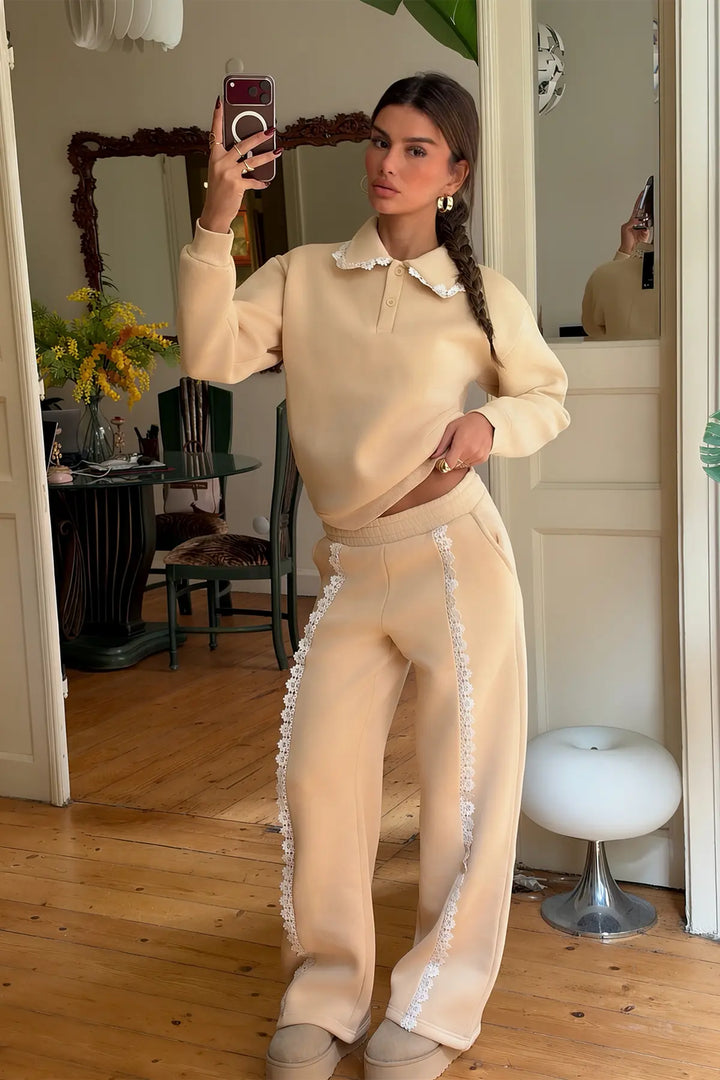 EYY Women Cream-Colored Lace-Detail Tracksuit Set - Pantin