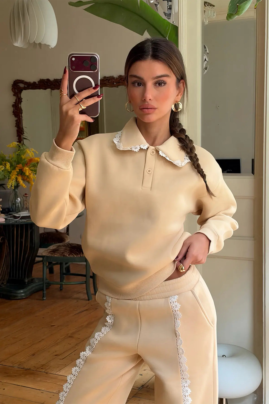 EYY Women Cream-Colored Lace-Detail Tracksuit Set - Pantin