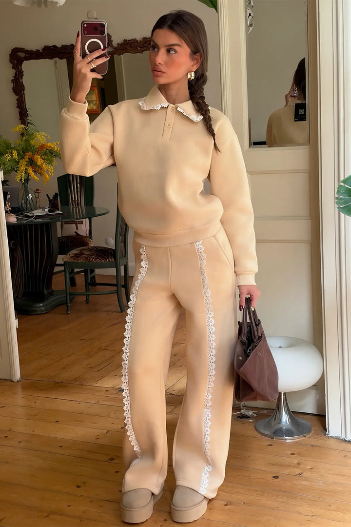 EYY Women Cream-Colored Lace-Detail Tracksuit Set - Pantin