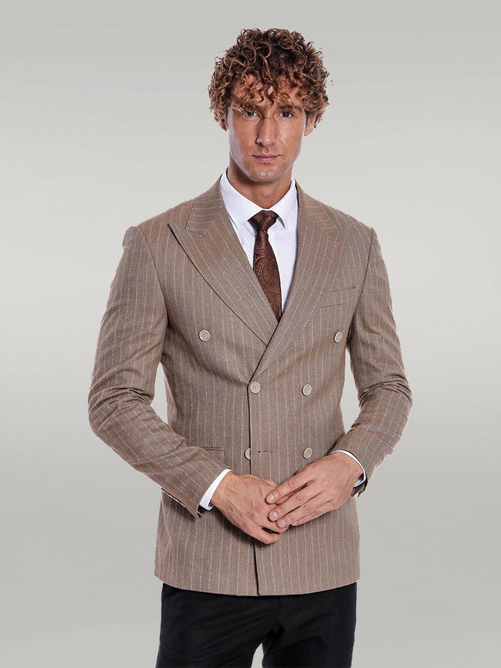 WSS Striped Double Breasted Light Brown Men Blazer  - Singen