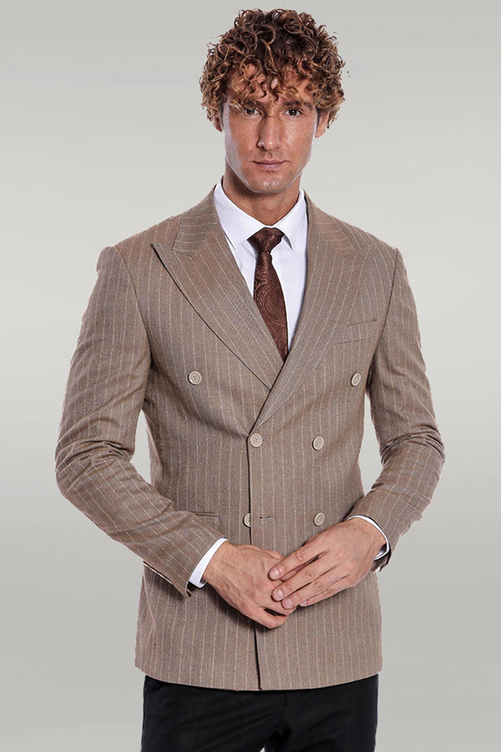 WSS Striped Double Breasted Light Brown Men Blazer  - Singen