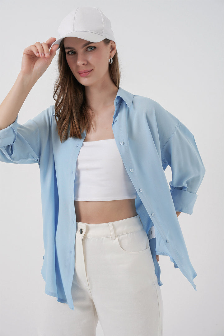 BGD Women Women's Oversize Viscose Shirt 3785 - Light Blue - San Mateo Atenco