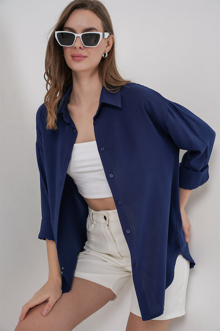BGD Women Women's Oversize Viscose Shirt 3785 - Navy Blue - Santiago