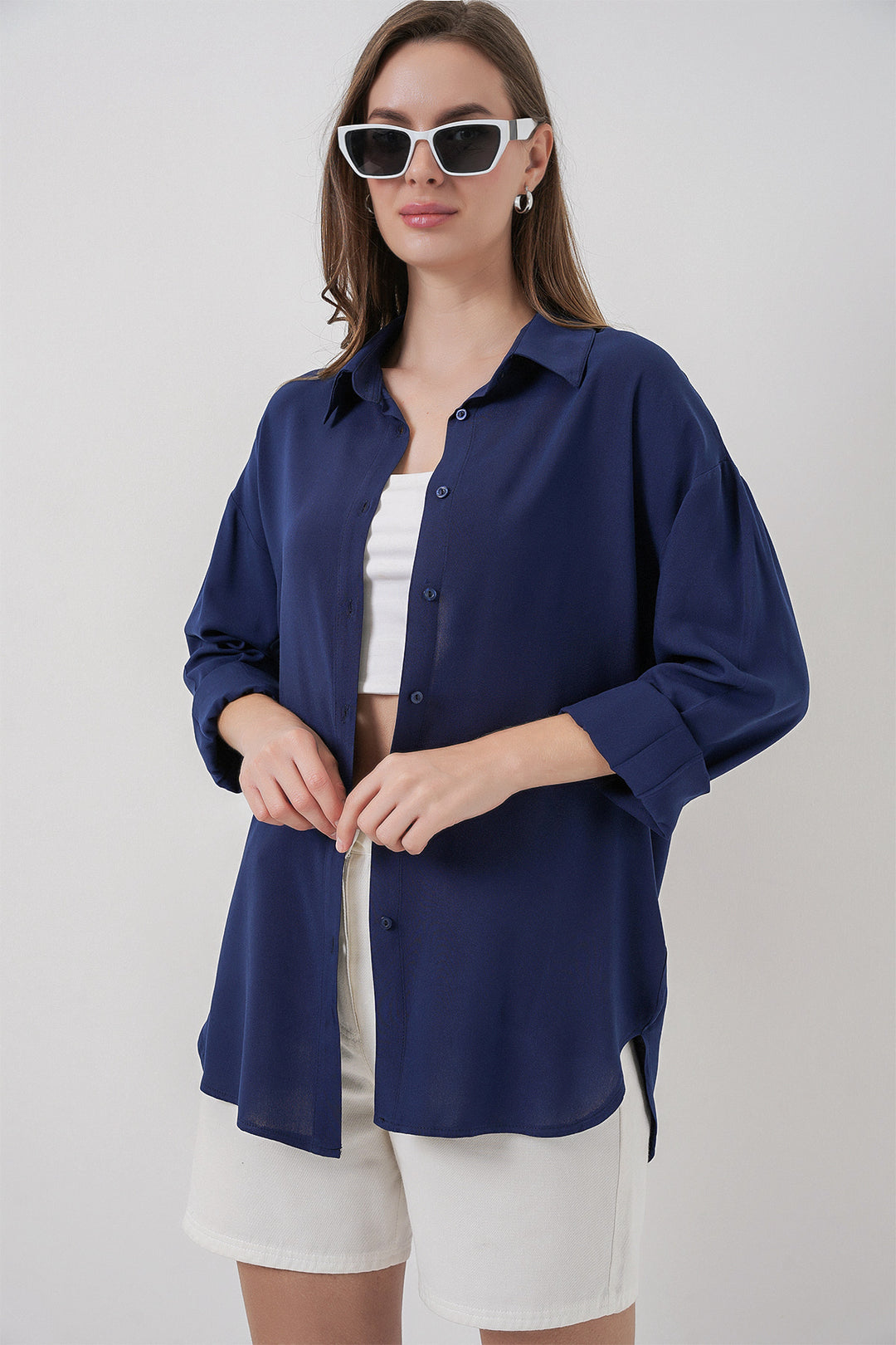 BGD Women Women's Oversize Viscose Shirt 3785 - Navy Blue - Santiago