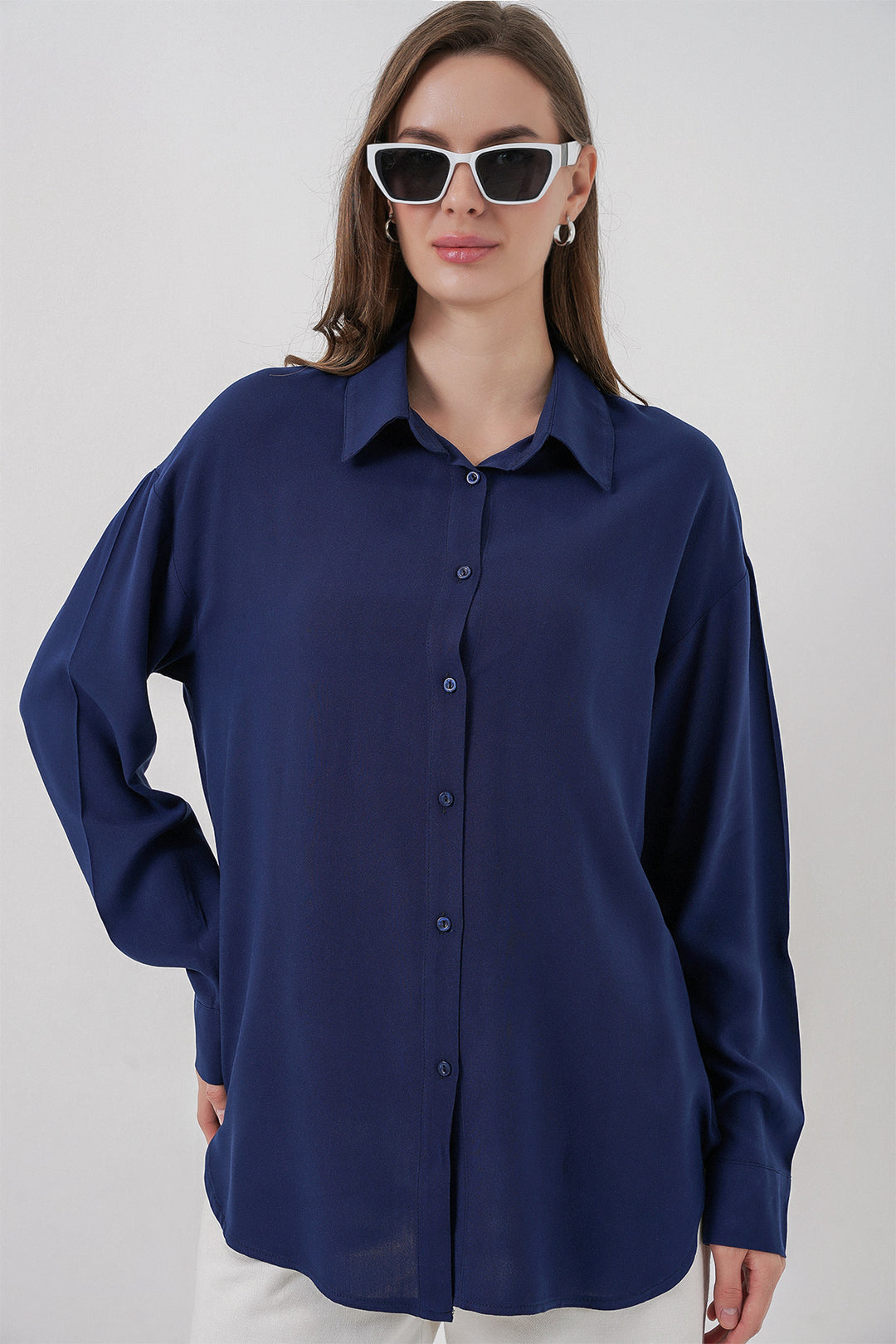 BGD Women Women's Oversize Viscose Shirt 3785 - Navy Blue - Santiago