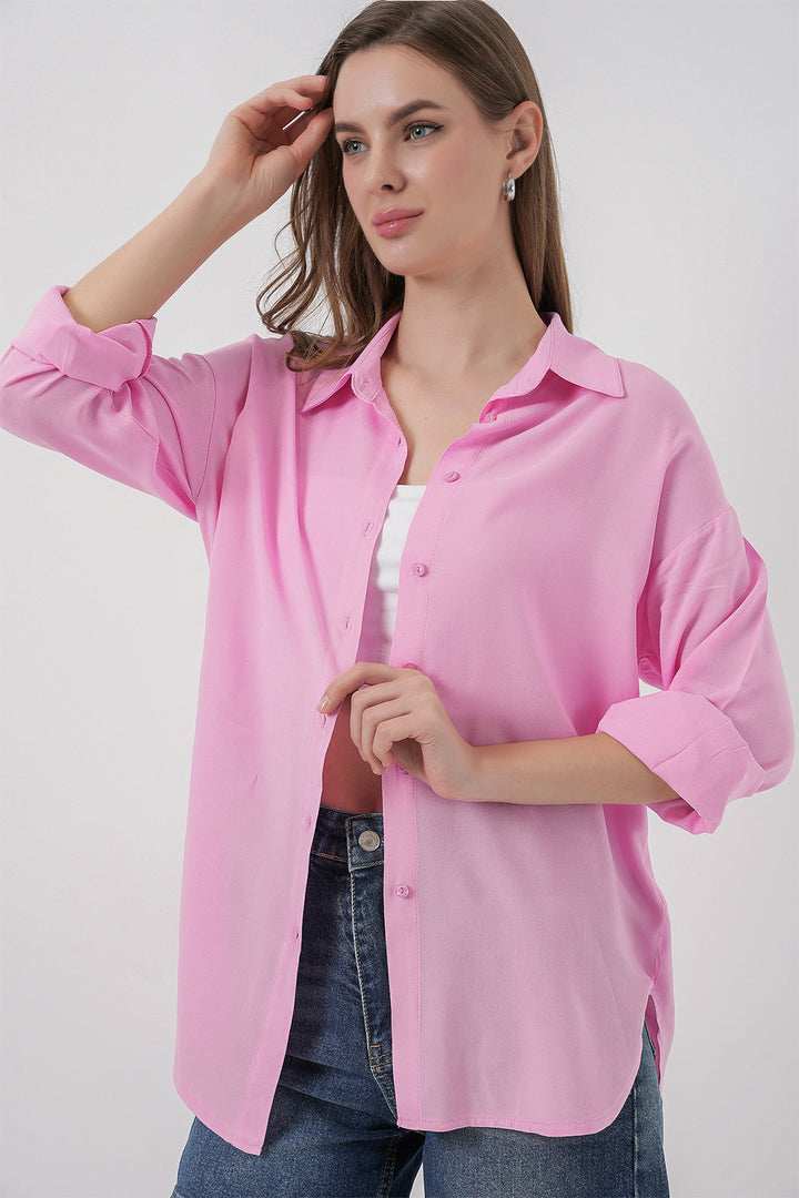 BGD Women Kadın Oversize Viskon Gömlek 3785 - Pembe - Oak Lawn