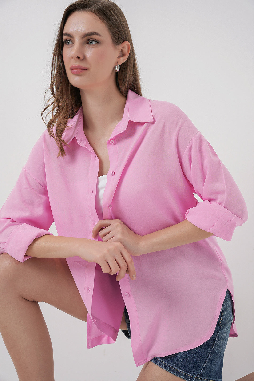 BGD Women Kadın Oversize Viskon Gömlek 3785 - Pembe - Oak Lawn