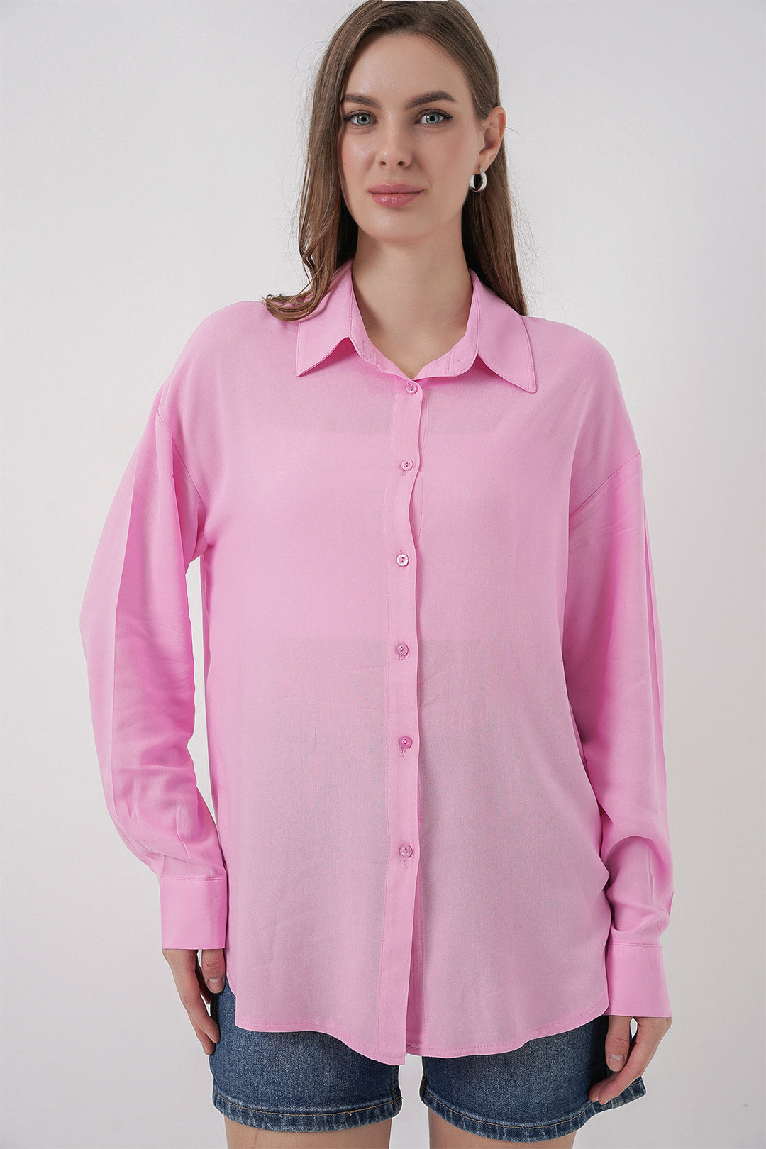 BGD Women Kadın Oversize Viskon Gömlek 3785 - Pembe - Oak Lawn