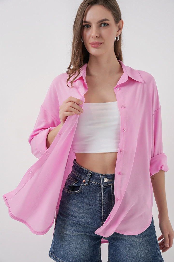 BGD Women Kadın Oversize Viskon Gömlek 3785 - Pembe - Oak Lawn